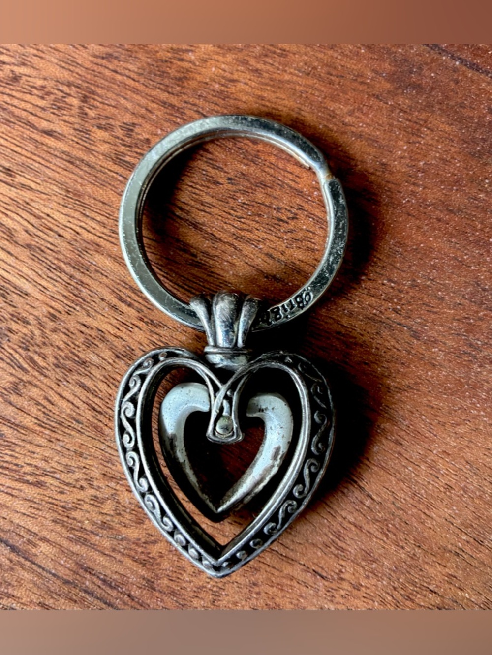 Vintage Brighton Ellington Double Heart keychain w patina’d silver-plate
